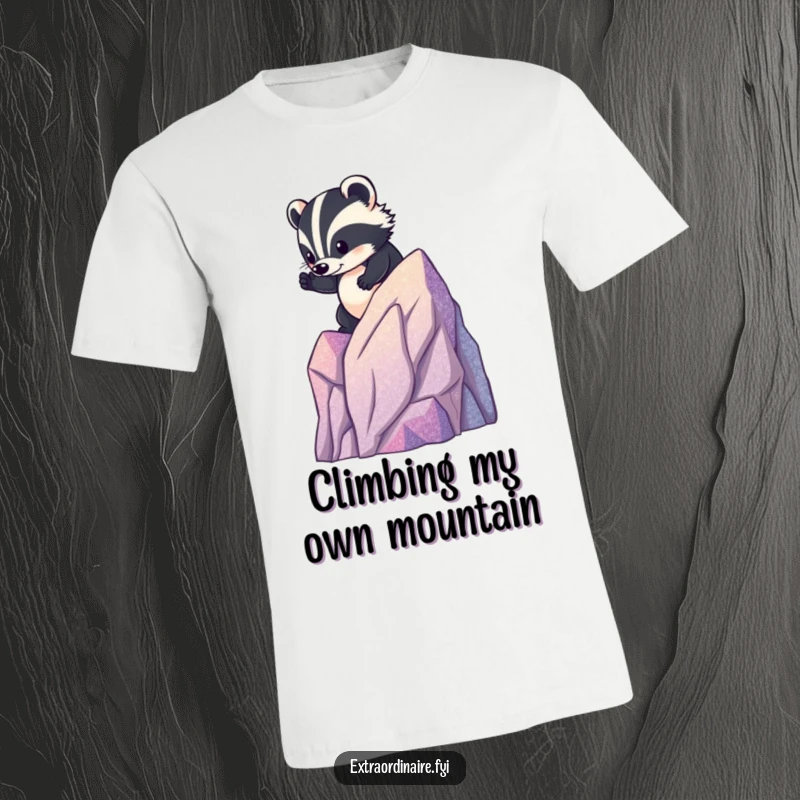 Funny brave badger t-shirt, a tenacious animal scaling a tiny, glittery mountain, celebrating determination and outdoor spirit.