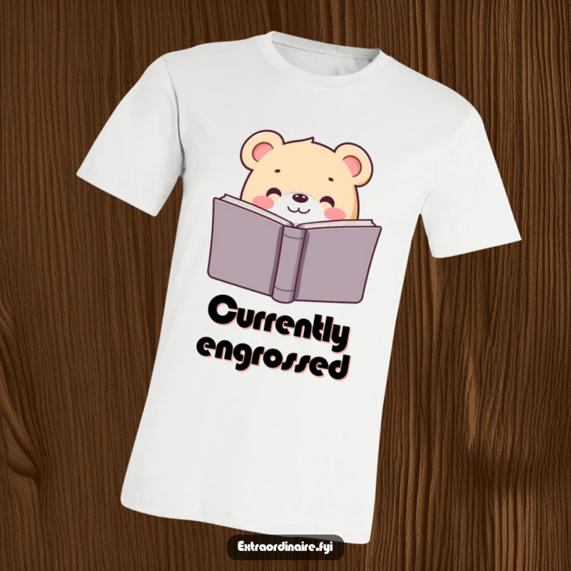 Funny t-shirt featuring a smiling bear peeking over a large book, celebrating the joy of reading and intellectual pursuits.