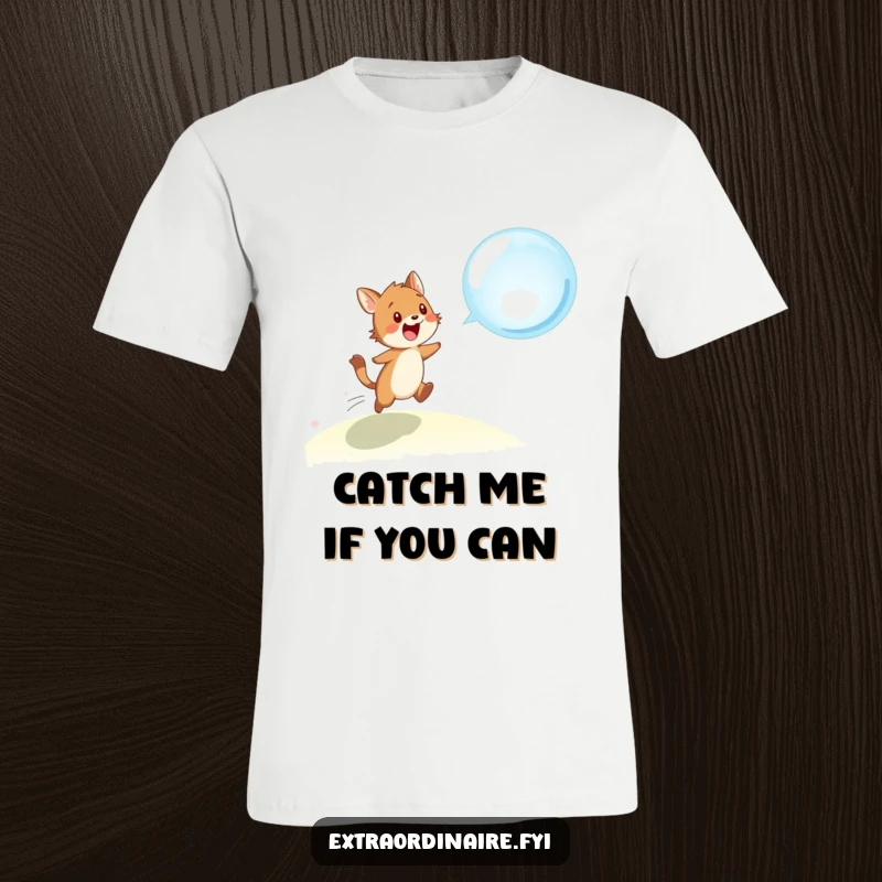 Funny t-shirt featuring an energetic animal character animatedly chasing a large, iridescent bubble through a vibrant, playful environment.