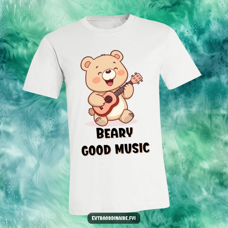 Funny Bear T-Shirt: A happy, plump bear character joyfully plays a small ukulele, radiating positive energy.