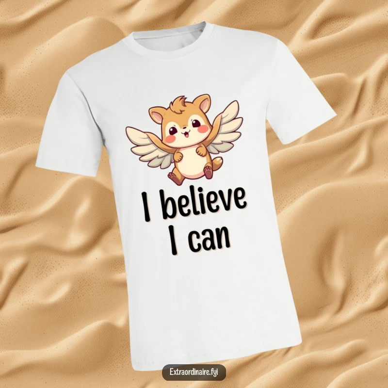 Funny t-shirt graphic of a brave animal character mid-flight, flapping large, awkward wings with determined effort against a sky background.