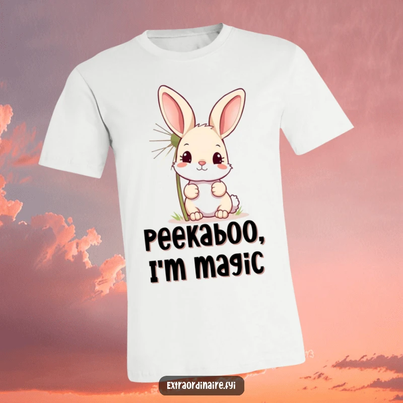 Funny t-shirt showing a curious bunny peeking from behind a huge, sparkling dandelion, radiating innocent wonder.