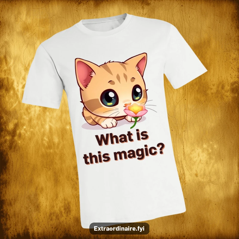Funny t-shirt with a curious cat, sporting enormous eyes, sniffing a vividly glowing flower with wonder and intrigue.
