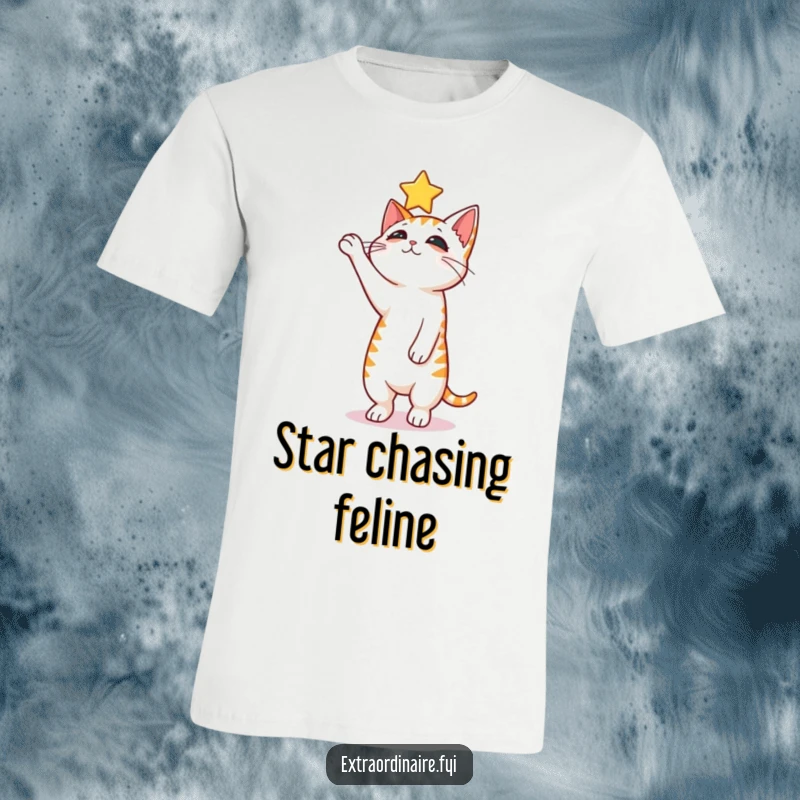 Funny curious cat t-shirt, a cat balancing on hind legs reaching for a floating star.