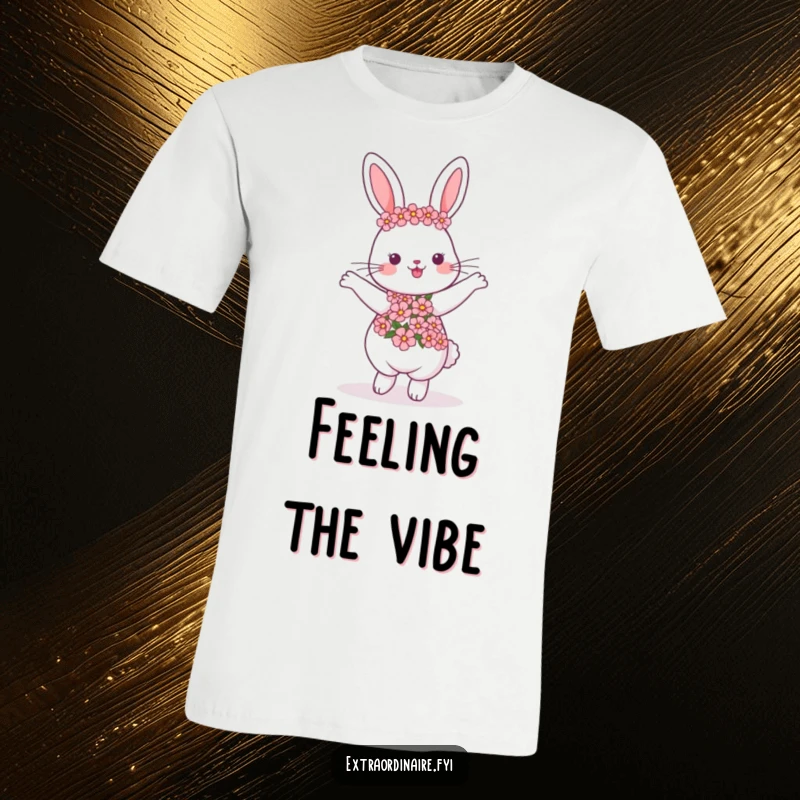 Funny dancing rabbit t-shirt, wearing a colorful flower garland, captured mid-dance, radiating happiness, perfect funny gift.