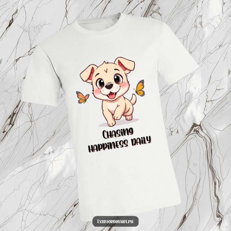 Funny t-shirt featuring an adorable dog with oversized, happy eyes enthusiastically chasing a fluttering butterfly, full of pure delight.