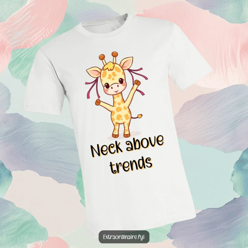 Funny giraffe t-shirt, a happy giraffe character joyfully dancing with ribbons flowing from its mane, expressing carefree fun.