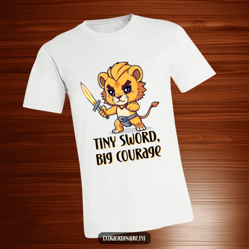 Funny lion cub t-shirt, a determined young lion cub wielding a small glowing sword, perfect for brave adventurers, unique gift.