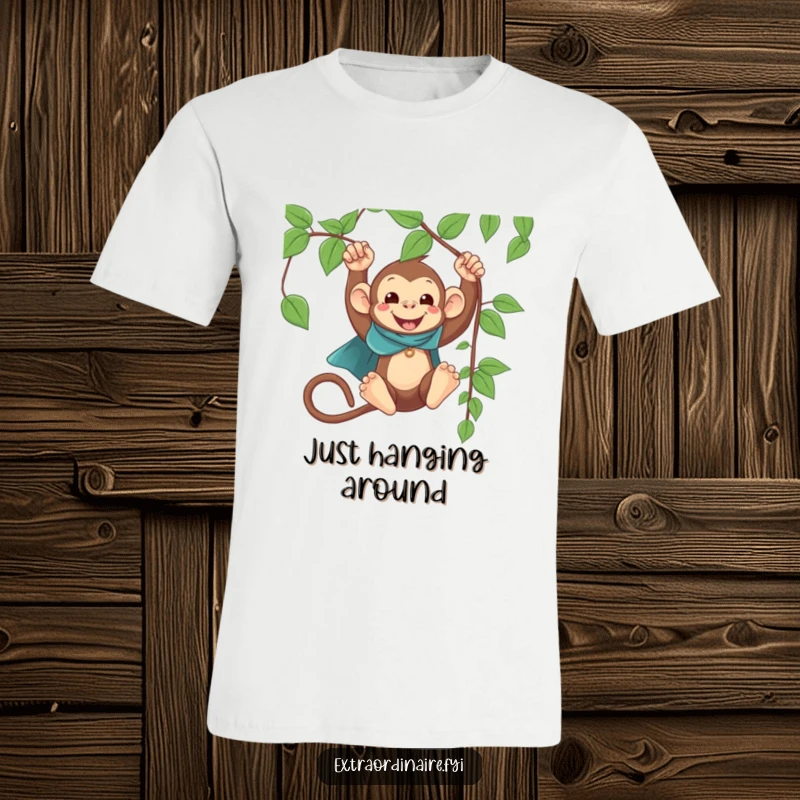 Funny Monkey Cape Swinging T-Shirt: A happy monkey in a tiny cape swings from a vine, showcasing heroic and funny adventure.