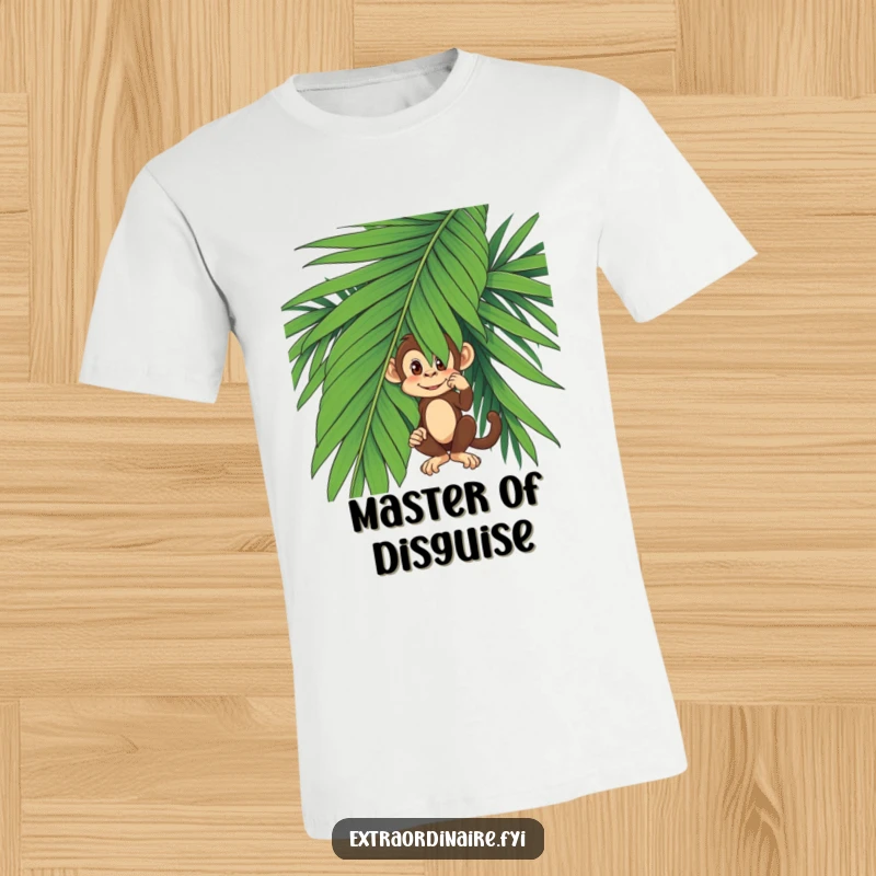 Funny monkey pretending to be invisible behind a large green palm leaf on a soft graphic t-shirt.