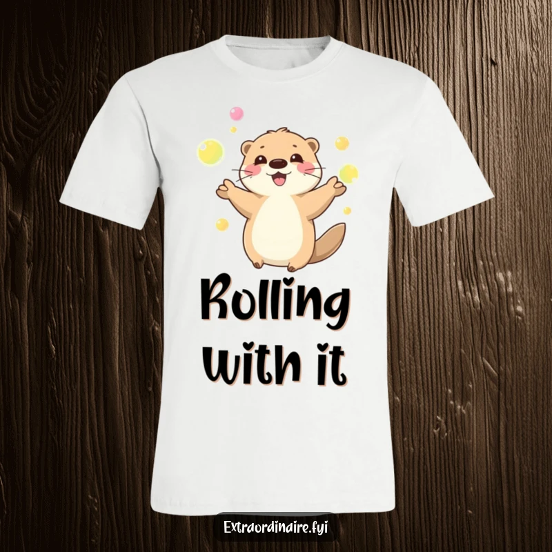 Funny playful otter happily juggling glowing orbs on a t-shirt, a design full of joy and energetic fun, a humorous apparel choice.