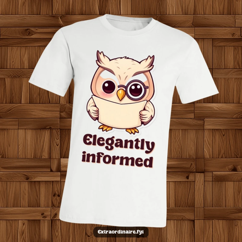 Funny t-shirt with a cheerful owl sporting a monocle and reading a scroll, symbolizing wisdom and wit.