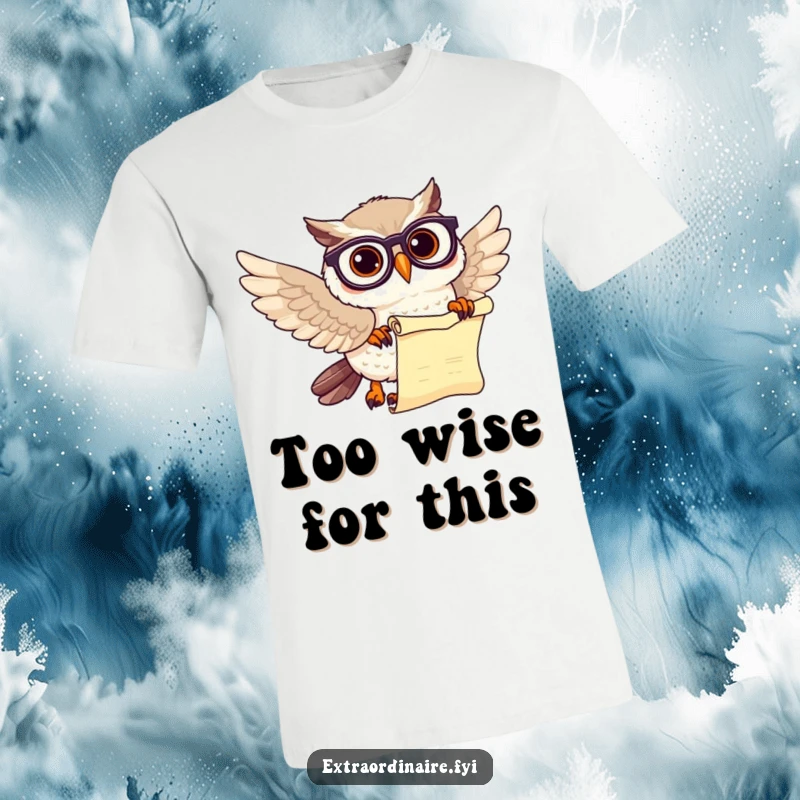 Funny owl scholar t-shirt showing a beaming owl with spectacles and a scroll, ideal for bookworms.