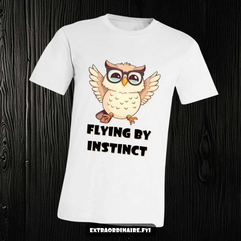 Funny t-shirt featuring a giggling owl with spectacles, hilariously trying to fly with mismatched wings, radiating comical effort.