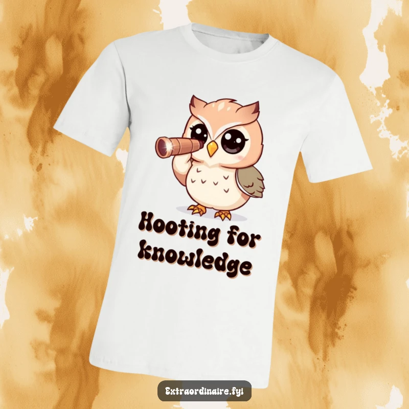 Funny Owl T-Shirt: A curious owl character attentively observes the night sky through a glittering telescope.