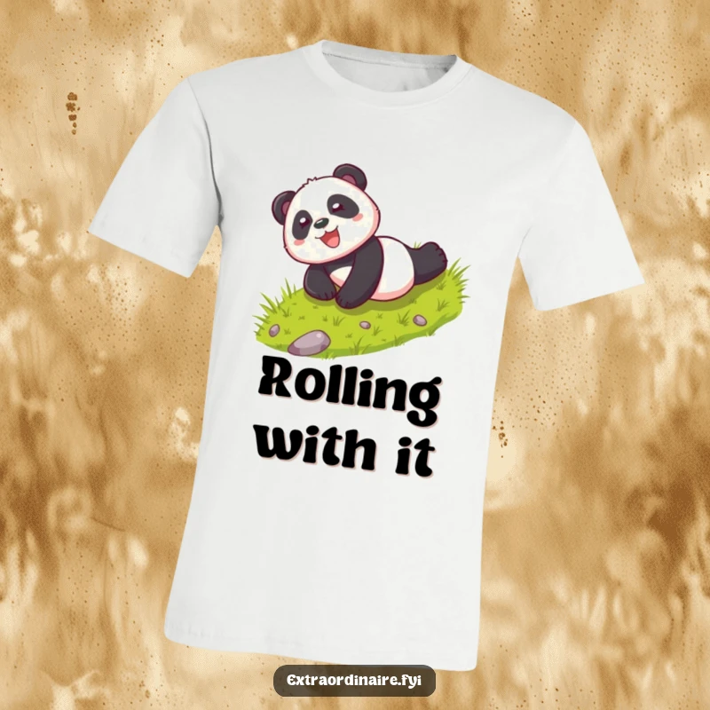 Funny t-shirt of a playful panda character rolling down a hill with a look of pure glee, capturing joyful abandon.