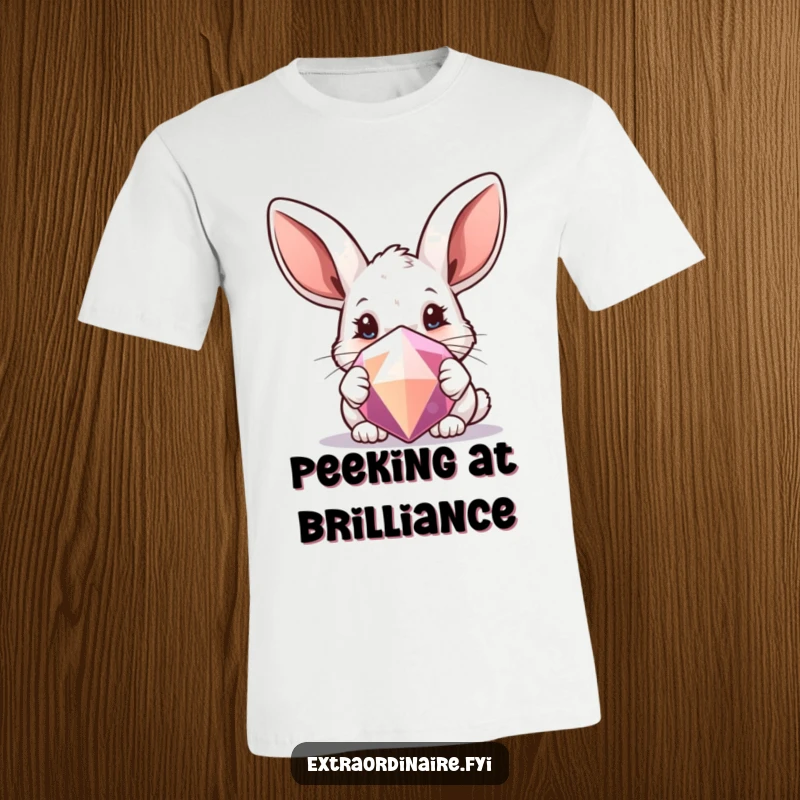 Funny T-shirt depicting a curious rabbit with large ears peeking from behind a shimmering gem, highlighting fascination.