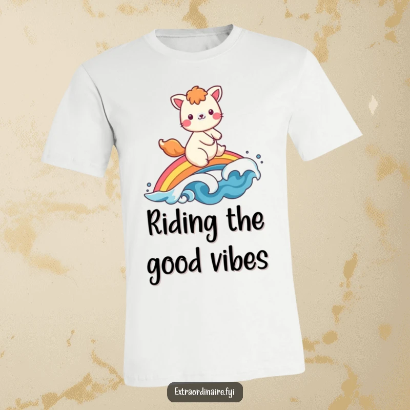 Funny t-shirt graphic of a smiling animal character confidently riding a colorful rainbow, waving with pure delight against a blue sky.