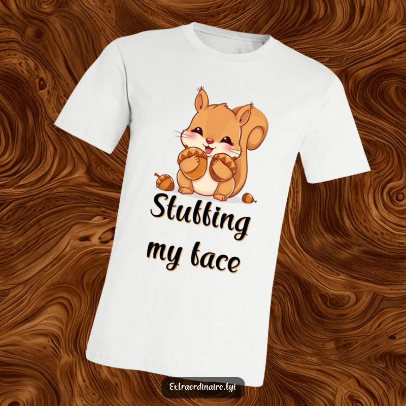 Funny t-shirt featuring a playful squirrel stuffing its cheeks full of large, shiny acorns, showcasing nature's bounty.