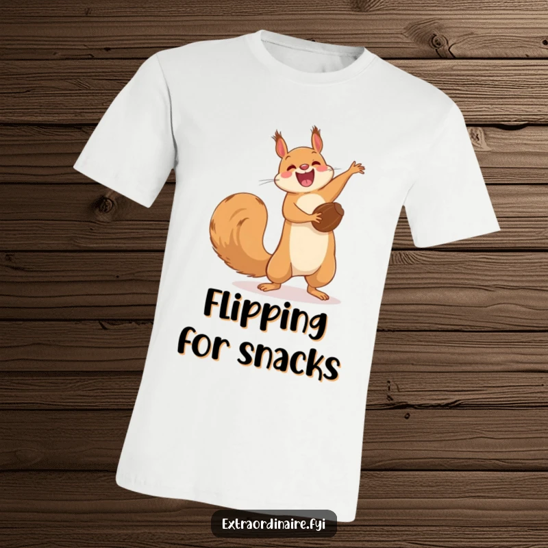 Funny Squirrel Flip T-Shirt: A happy squirrel in mid-air performing a funny acrobatic flip with a prized nut.