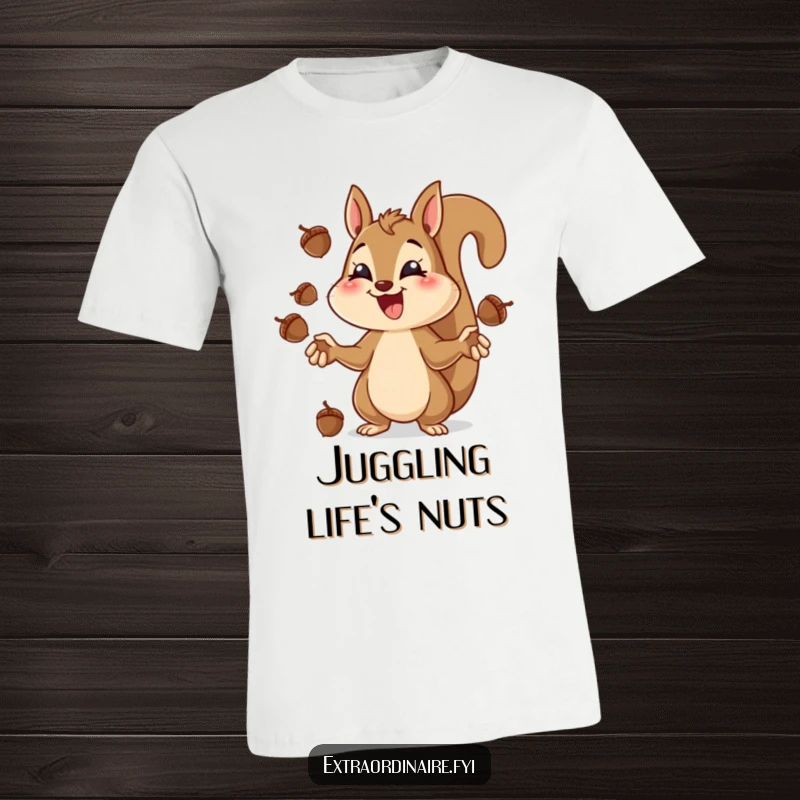 Funny squirrel juggling t-shirt, a cheerful squirrel juggling acorns with intense focus and a grin.