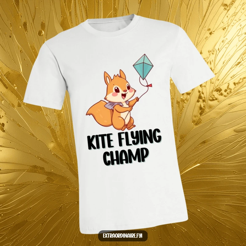 Funny Squirrel T-Shirt: A brave squirrel character confidently rides a colorful kite, soaring through the clouds.