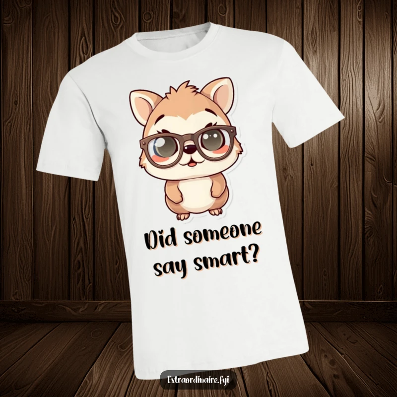 Funny t-shirt graphic of an animal character wearing huge, thick-rimmed glasses, eyes comically wide with a startled, surprised expression.