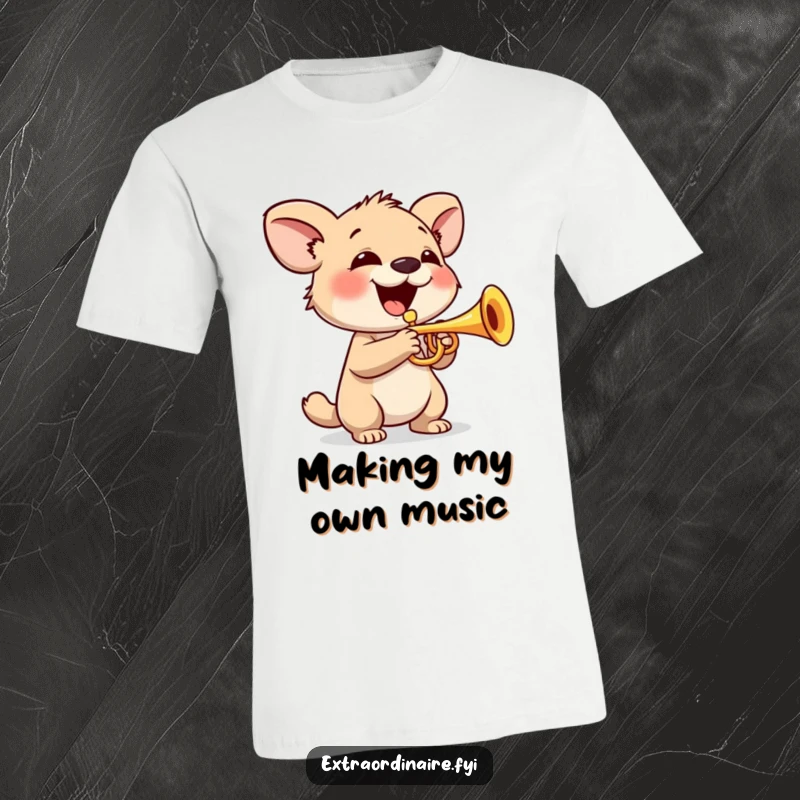 Funny T-Shirt: An animal character joyfully plays a tiny trumpet, big smile evident, radiating musical happiness.