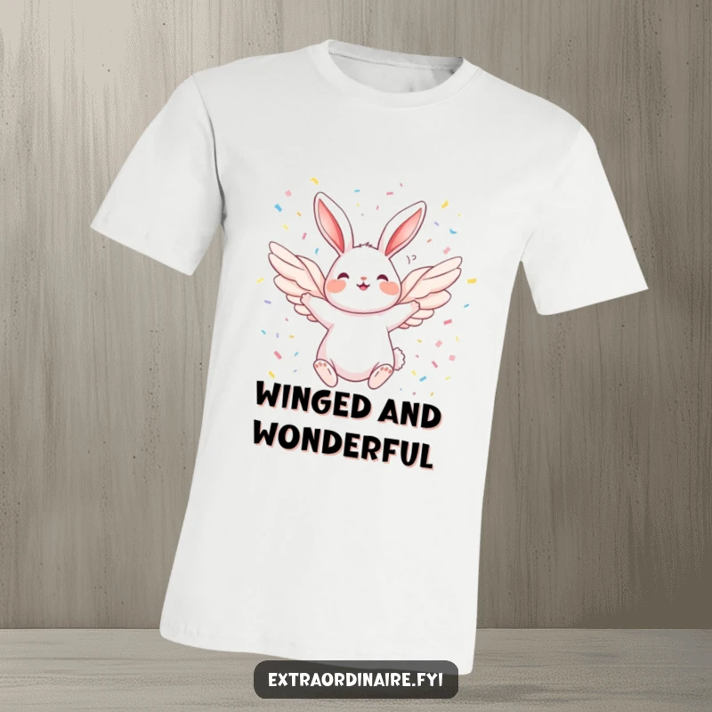Funny Winged Rabbit T-Shirt: A joyful rabbit with angelic wings soaring high amidst a vibrant confetti shower, spreading pure delight.