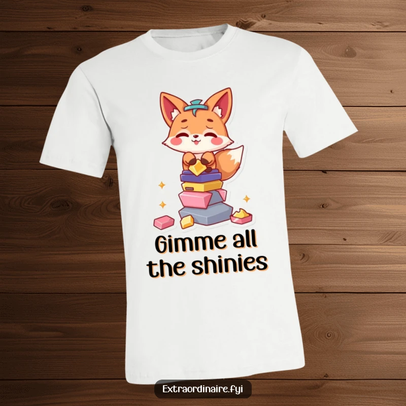 Funny Fox T-Shirt: A mischievous fox character gleefully balances a tall, unstable stack of shiny coins, jewels, and trinkets.