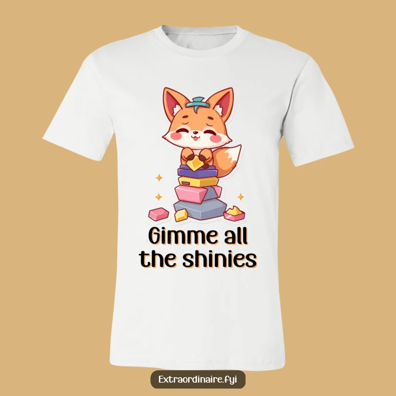 Funny Fox T-Shirt: Mischief Maker Stacking Shiny Objects - Hilarious Gift Idea