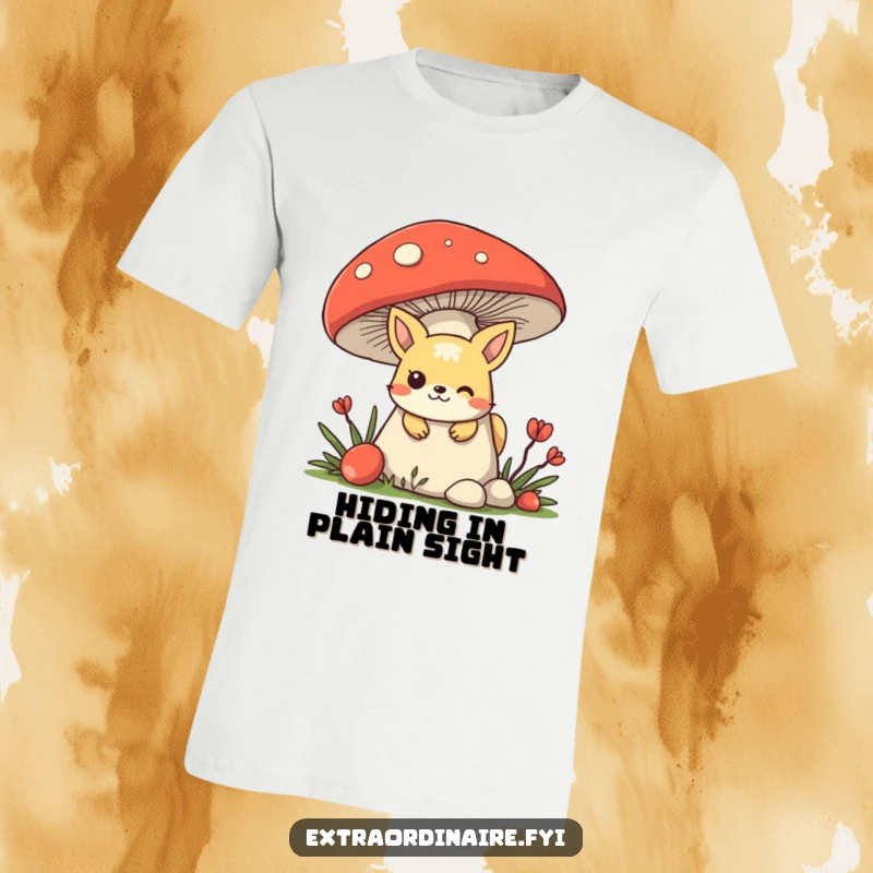 Funny mischievous animal character hiding behind a giant mushroom, peeking out with a sly expression on a t-shirt.