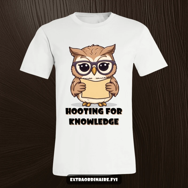 Funny owl scholar t-shirt, a wise bird with glasses intently reading a scroll, ideal for bookworms and intellectuals.