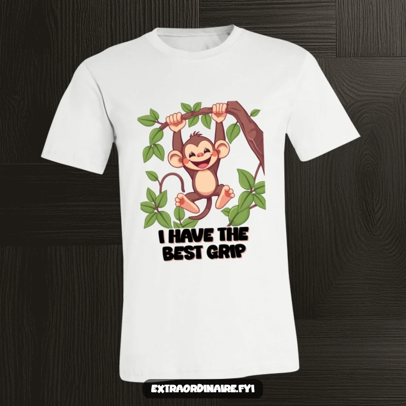 Funny Monkey T-Shirt showing a mischievous monkey swinging from a vine, wide grin, capturing pure playful energy, a great gift.