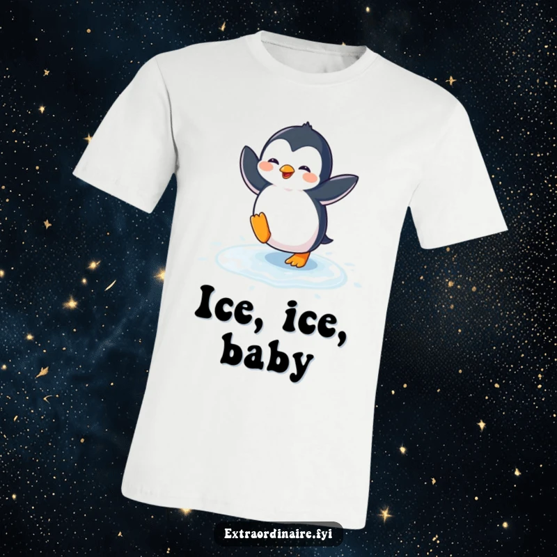Funny penguin t-shirt featuring a happy penguin performing a comical dance on glistening ice, radiating pure fun.