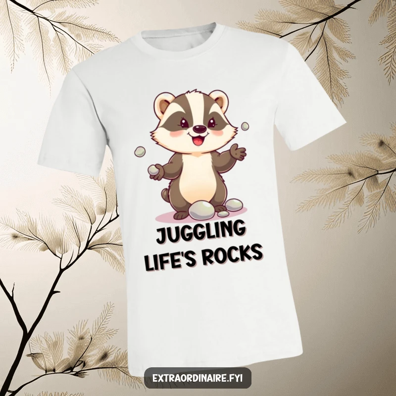 Funny t-shirt design of a delighted badger character enthusiastically juggling shiny pebbles, showcasing impressive dexterity and joy.