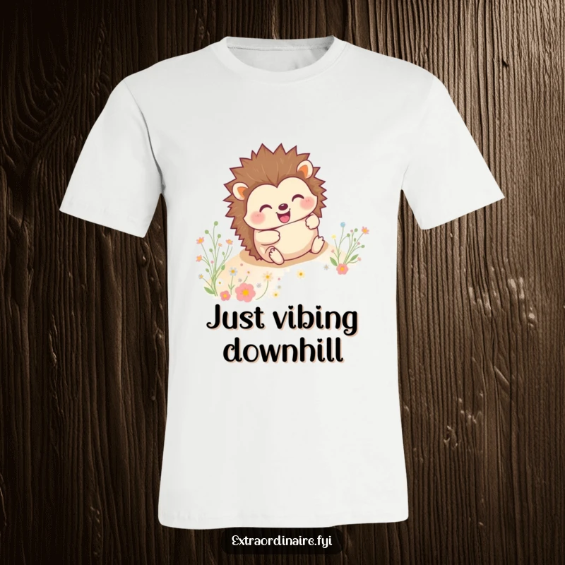 A happy hedgehog with a big grin rolling down a hill amidst tiny flowers on a soft graphic t-shirt.