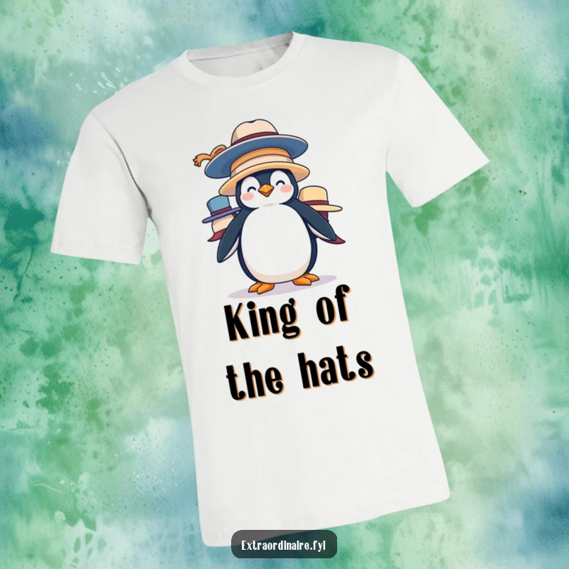 Funny Penguin Hat Stack T-Shirt: A silly penguin struggles to balance large hats, showcasing a humorous and endearing design.