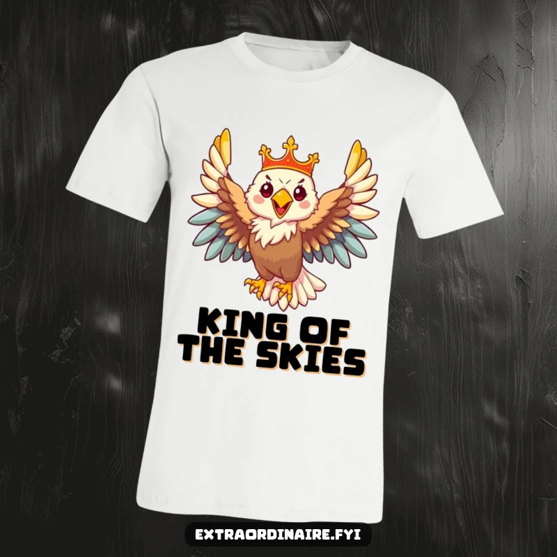Funny Eagle T-Shirt: A majestic eagle with a crown flies high, symbolizing freedom, power, and a touch of regal humor.