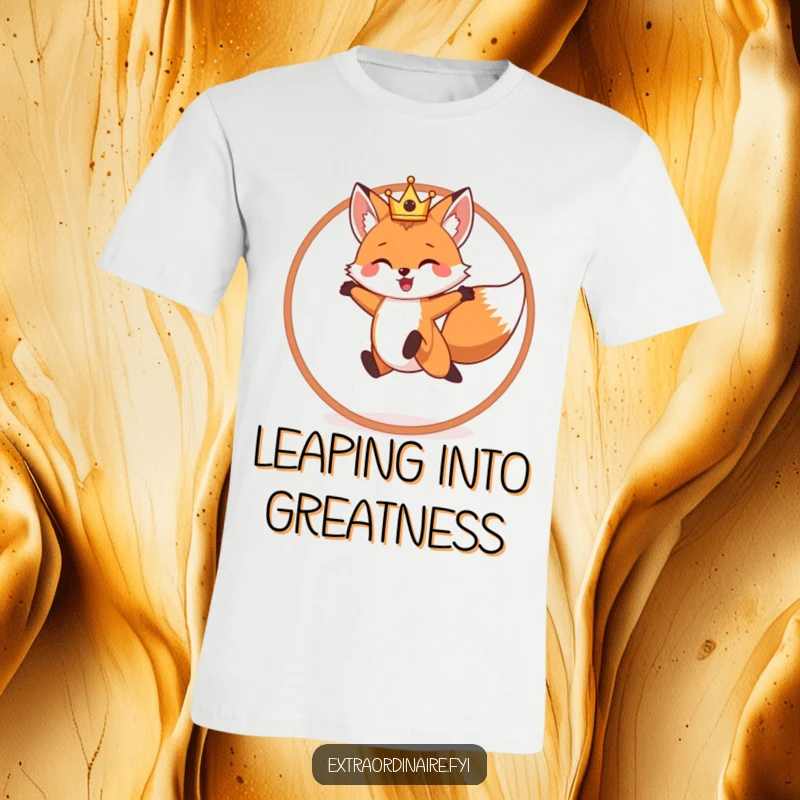 Funny T-shirt featuring a cheerful fox king, mid-leap through a hoop, symbolizing courage and fun.