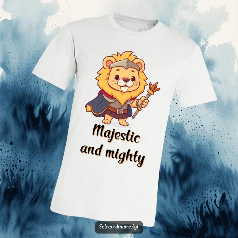 Funny brave lion t-shirt, featuring a cape and scepter, representing courage and majestic humor.