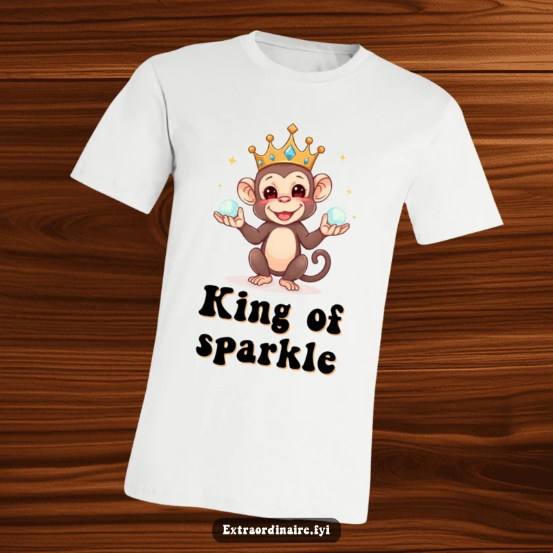 Funny t-shirt showing a mischievous monkey wearing a crown, juggling orbs with a cheeky grin, perfect for a playful soul.