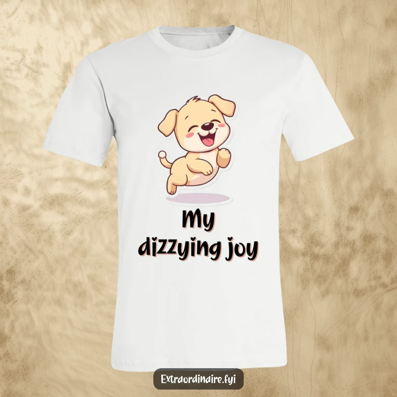 Funny puppy giggling t-shirt, a playful dog chasing its tail in a circle with a smile.