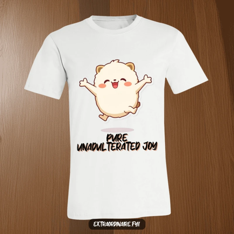 Funny T-Shirt: A fluffy, round animal character in mid-air, leaping with outstretched arms, showcasing pure excitement and energetic fun.