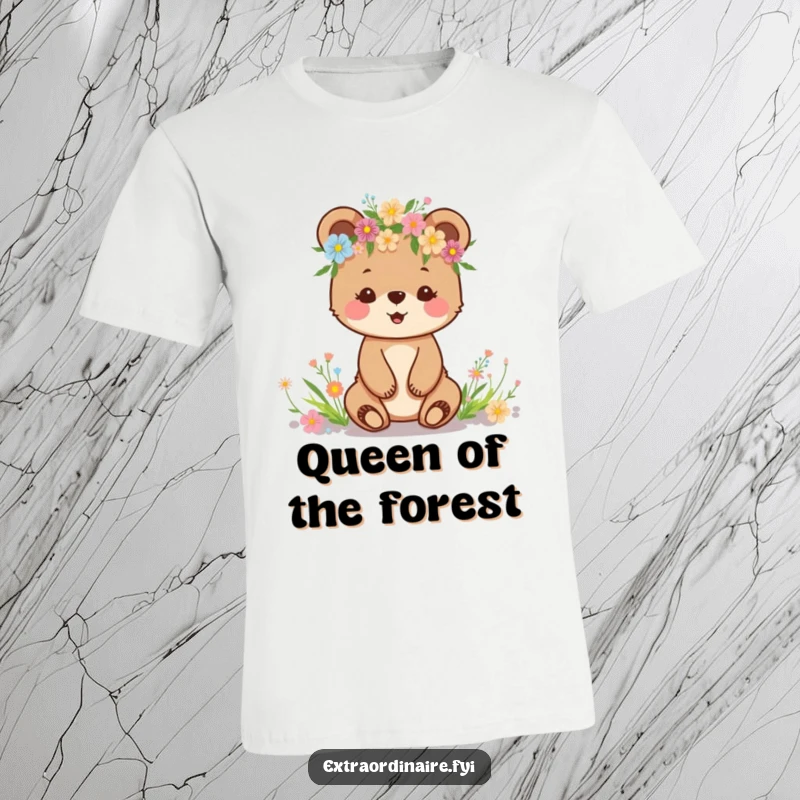 Funny t-shirt with a joyful bear cub sporting a vibrant crown of wildflowers, looking utterly happy.