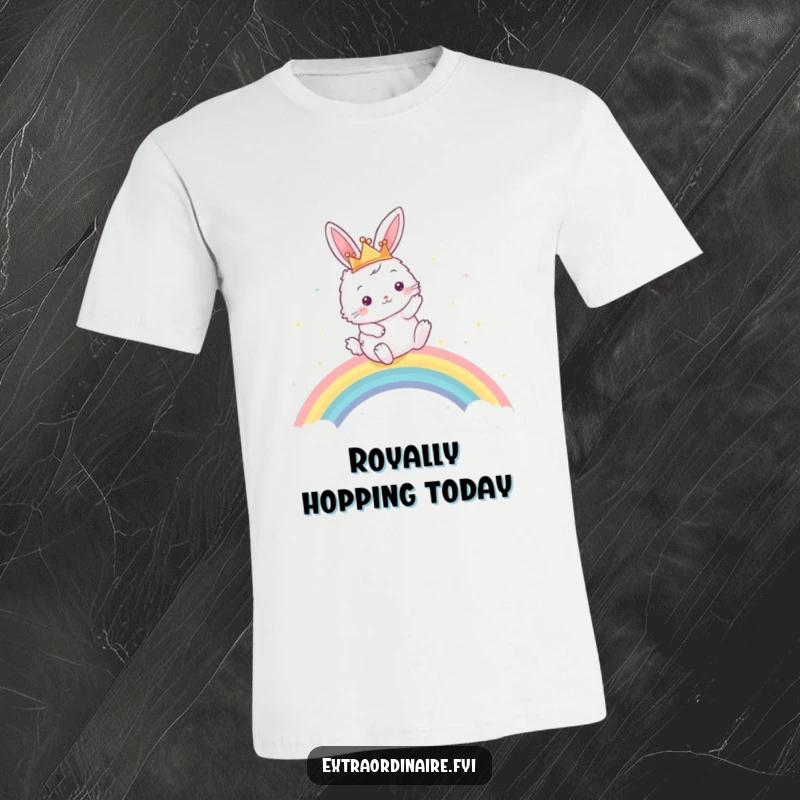 Funny t-shirt featuring a fluffy bunny wearing a crown, mid-leap over a bright, sparkling rainbow, embodying playful majesty.