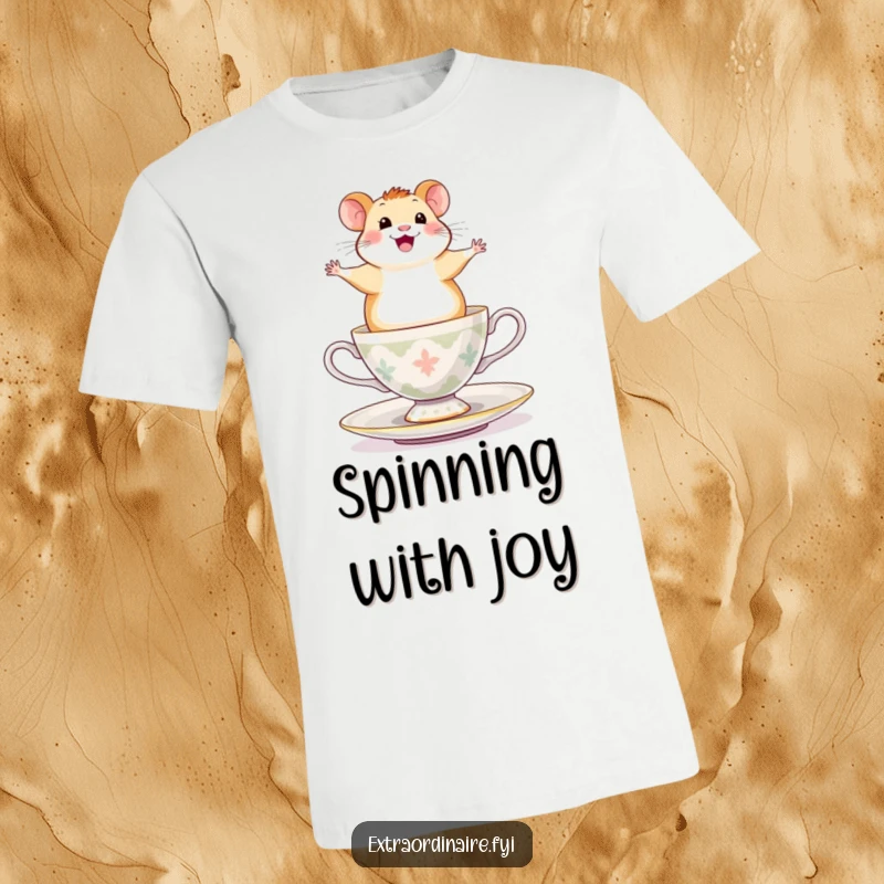 Funny Hamster T-Shirt: An ecstatic hamster joyfully balances on a spinning teacup, radiating pure exhilaration and fun.