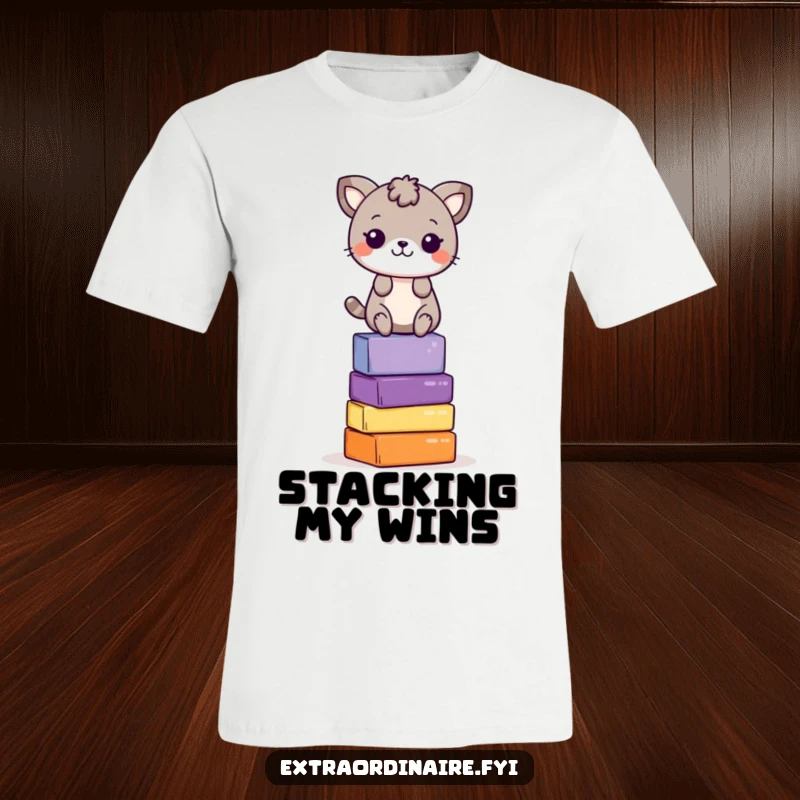 Funny T-Shirt: A cute animal character precariously balances on a tower of colorful blocks, a picture of playful concentration.