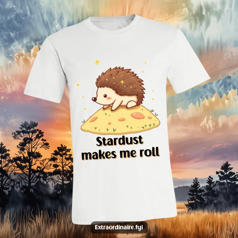 Funny Hedgehog T-Shirt showing a happy hedgehog rolling down a stardust-covered hill, radiating joy and cosmic energy, a magical gift.