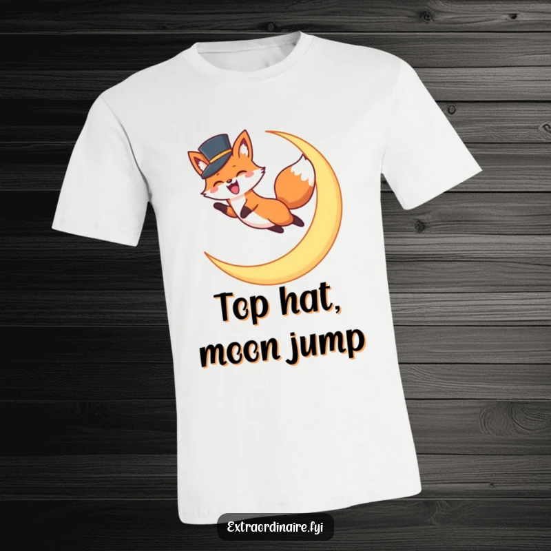 Funny Fox Top Hat T-Shirt: An excited fox in a small top hat makes an epic leap over a luminous crescent moon. Fun design.